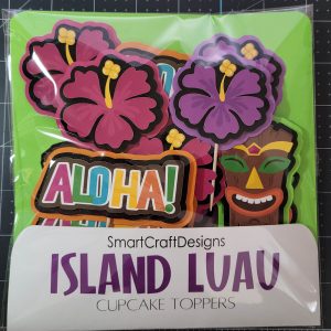 Island Luau theme cupcake toppers featuring tiki statues, hibiscus flowers, and ALOHA! message designs for your tropical theme birthday party.
